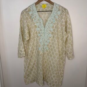 Roller Rabbit Embroidered Tunic Top Women's Size Large 100% Cotton Block Print